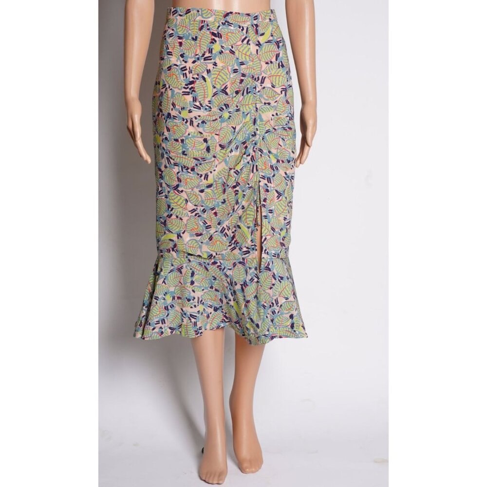 SALONI Kelly Silk Tropical Print Ruched Slit Midi Skirt Size 8 US 12 UK